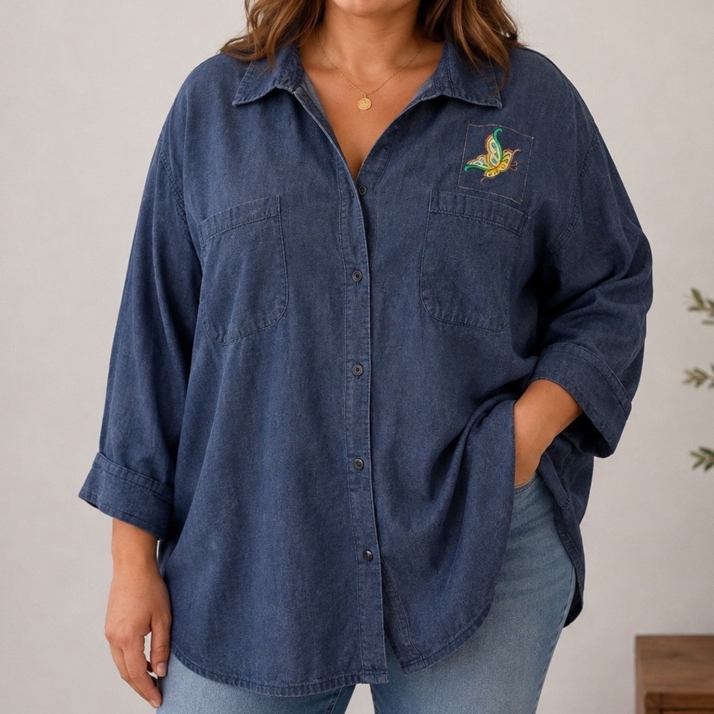 Plus Size 2X Chambray Shirt Butterfly Embroidered Cottagecore Coastal Button Up